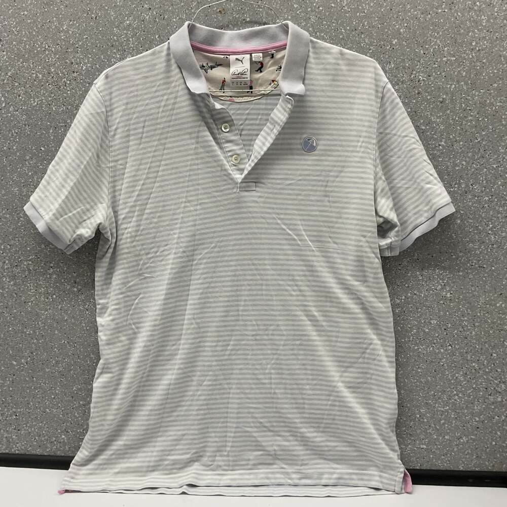 PUMA x Arnold Palmer Men's Large Gray Striped Golf Polo Shirt